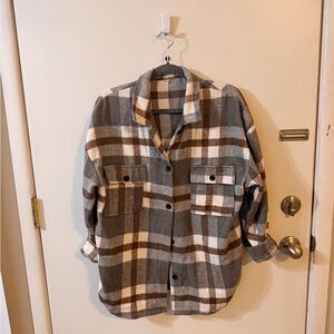 SHEIN Gray Cream Brown Plaid Shacket